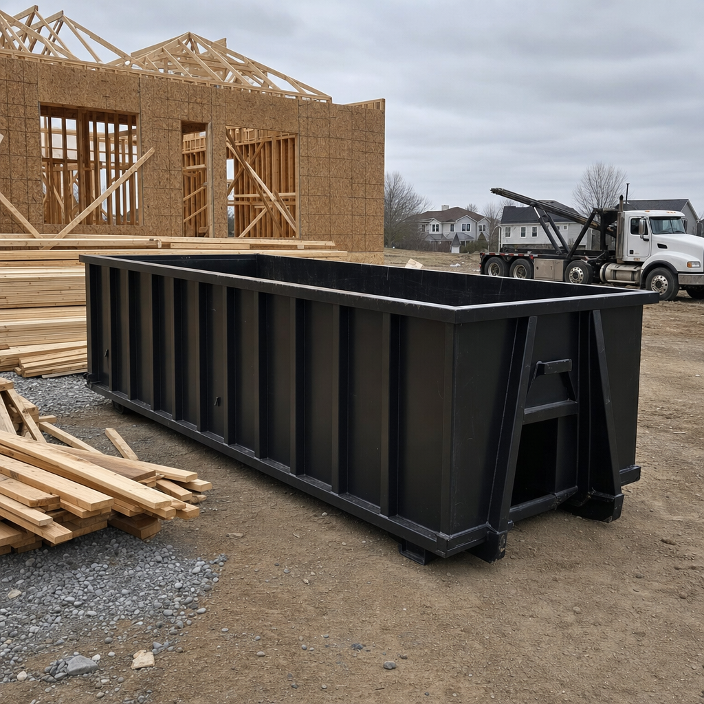 Matte-black 40-yard roll-off dumpster staged on a framed-out residential construction site in Oxnard, framing lumber stacked nearby, hooklift delivery truck visible in the background under bright Colorado daylight