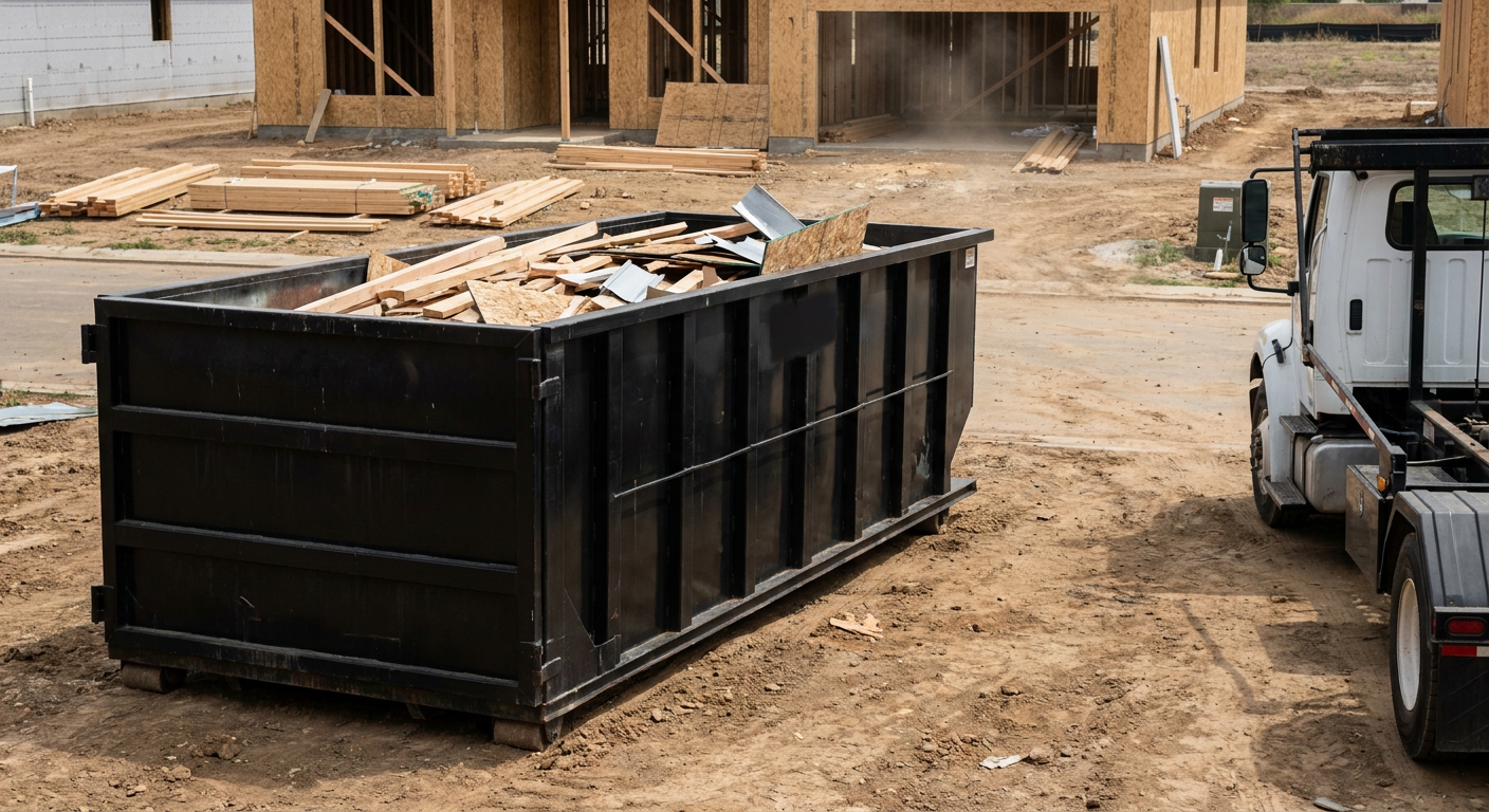 Matte-black 20-yard roll-off construction dumpster with heavy ribbed steel sidewalls and swing rear doors at a working jobsite in Oxnard, sitting directly on compacted dirt with an unmarked white hauler partially visible at the far edge of the frame.