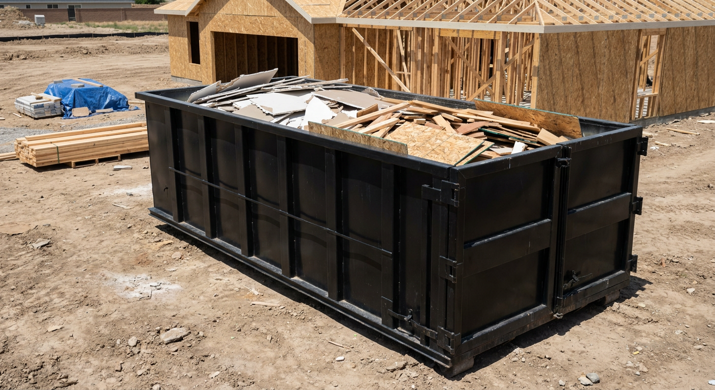 Matte-black 30-yard roll-off construction dumpster sitting directly on the compacted-dirt site of a framed single-family home build in Oxnard, drywall and lumber scrap loaded inside.
