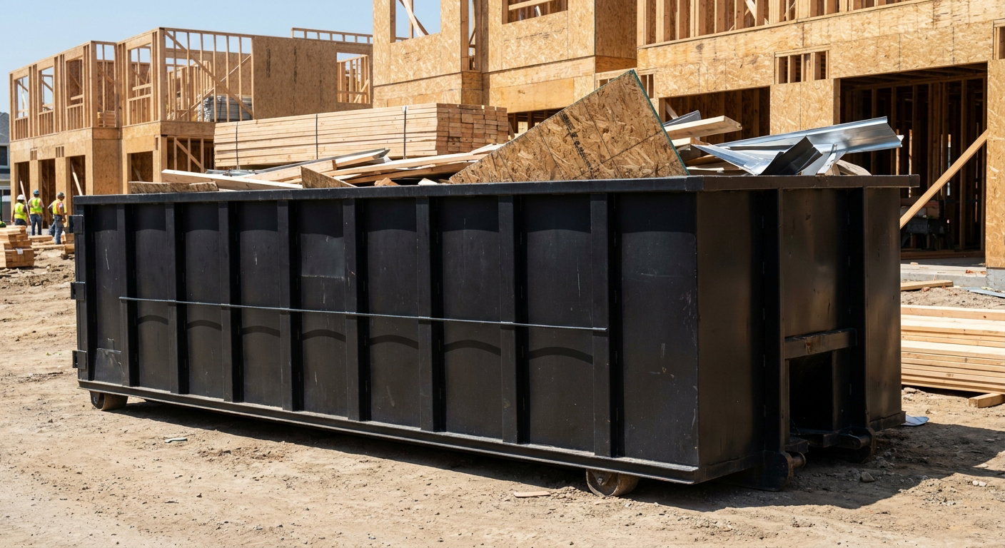 Matte-black 40-yard roll-off construction dumpster being lowered from a white-cab hooklift delivery truck onto the compacted-dirt jobsite at a commercial build site in Oxnard