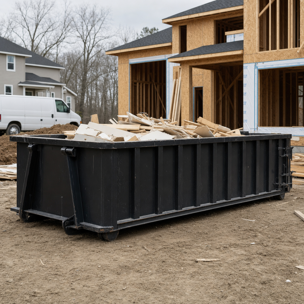Worker in a yellow high-visibility vest tossing framing lumber and broken drywall into a matte-black 30-yard construction roll-off dumpster on an active build site in Oxnard, bright daylight