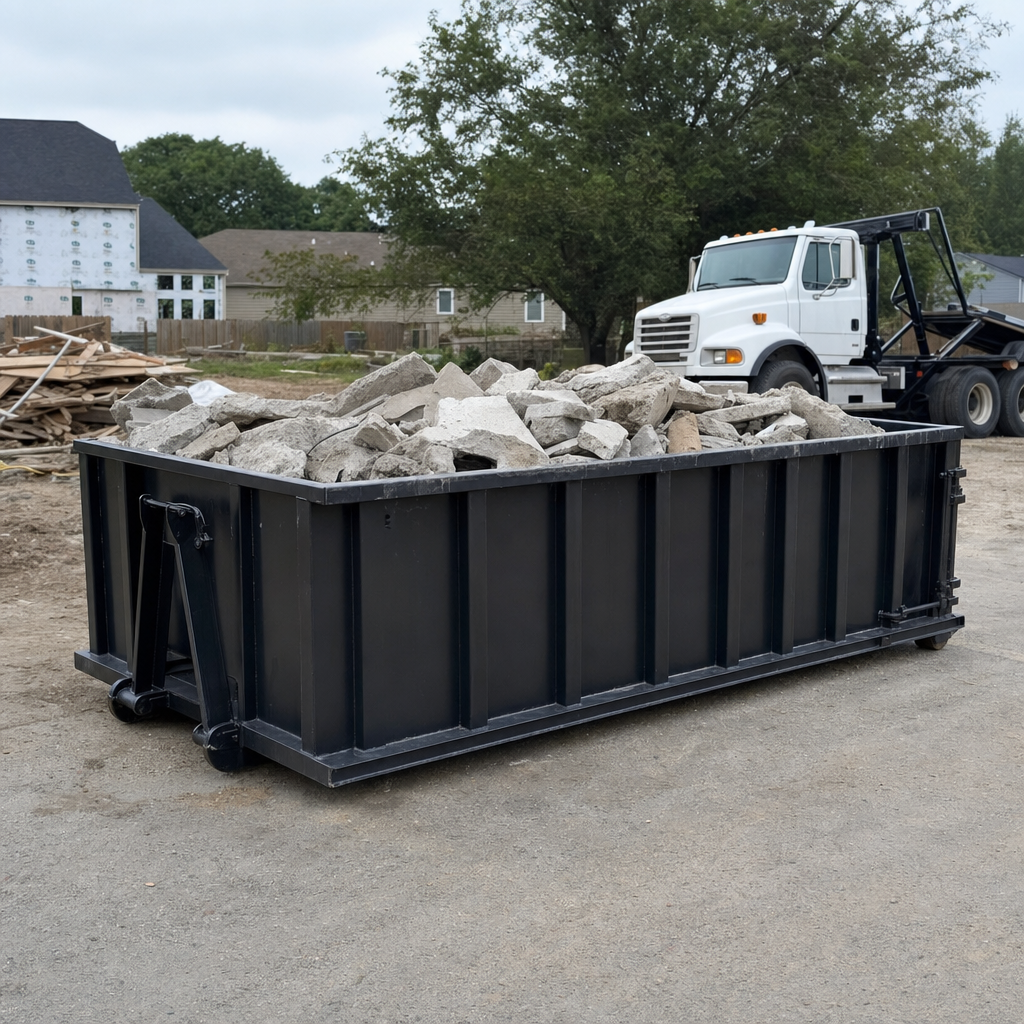 Low-profile matte-black lowboy roll-off dumpster loaded with broken concrete slab and rebar at a foundation tear-out in Oxnard, skid steer parked beside it, sunny Colorado morning