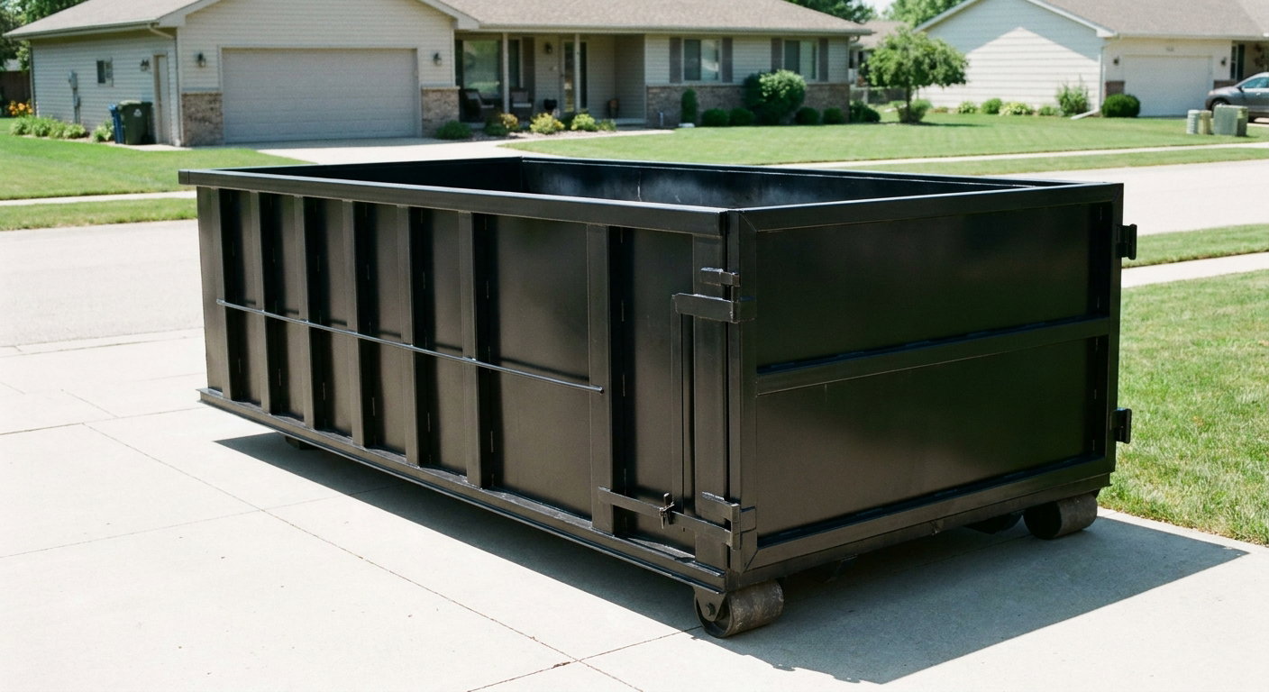 Matte-black 10-yard roll-off dumpster on a residential concrete driveway in Oxnard, uniformly painted matte black across every panel and rail, ribbed steel sidewalls and rear swing door visible, mid-day daylight.