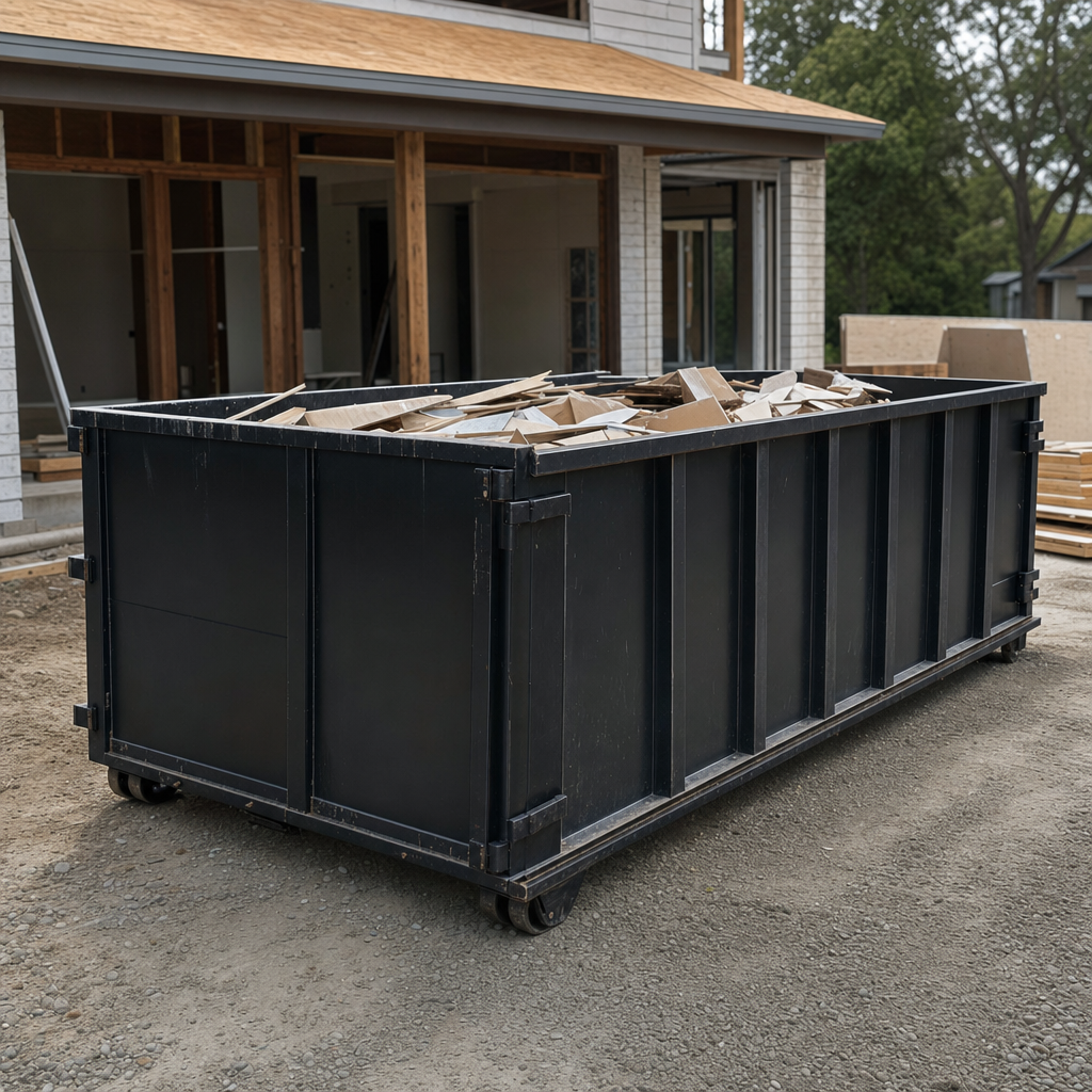 Large matte-black 30-yard construction roll-off dumpster at an active Oxnard jobsite, steel-gray top rails and bottom rollers visible, loaded with construction debris.