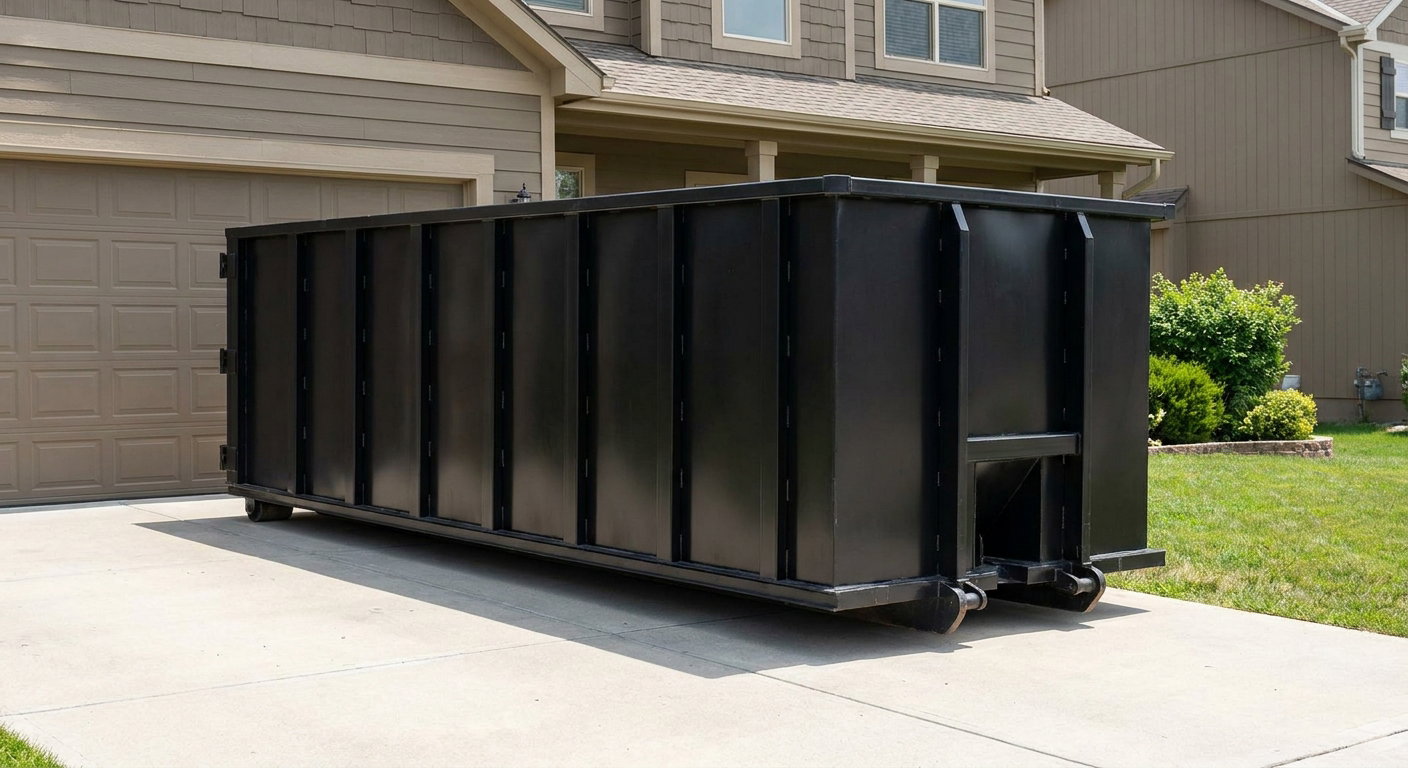 Matte-black residential roll-off dumpster sitting directly on a suburban Oxnard concrete driveway, garage door closed, single-family home in background, bright morning daylight.