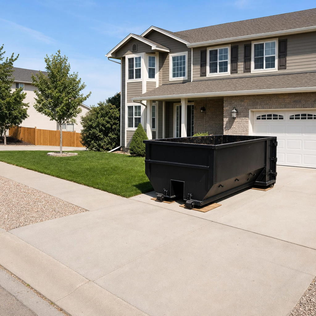 10-yard matte-black residential dumpster placed directly on a narrow Oxnard concrete driveway, room remains for a parked sedan beside it, mid-morning natural light