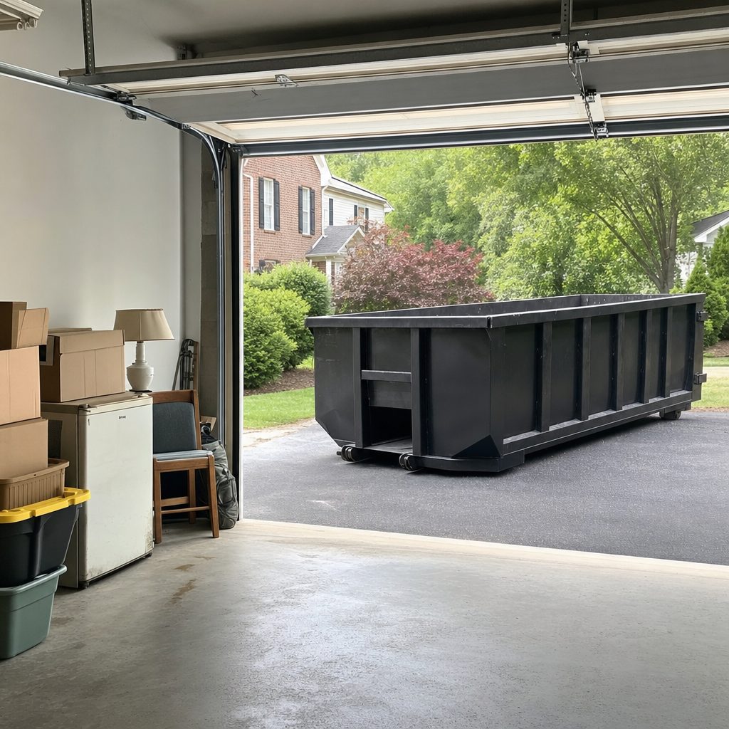 Open garage interior in a Oxnard home mid-cleanout — boxed items, an old appliance, and stacked yard tools queued near the driveway for a matte-black roll-off dumpster, organized and calm