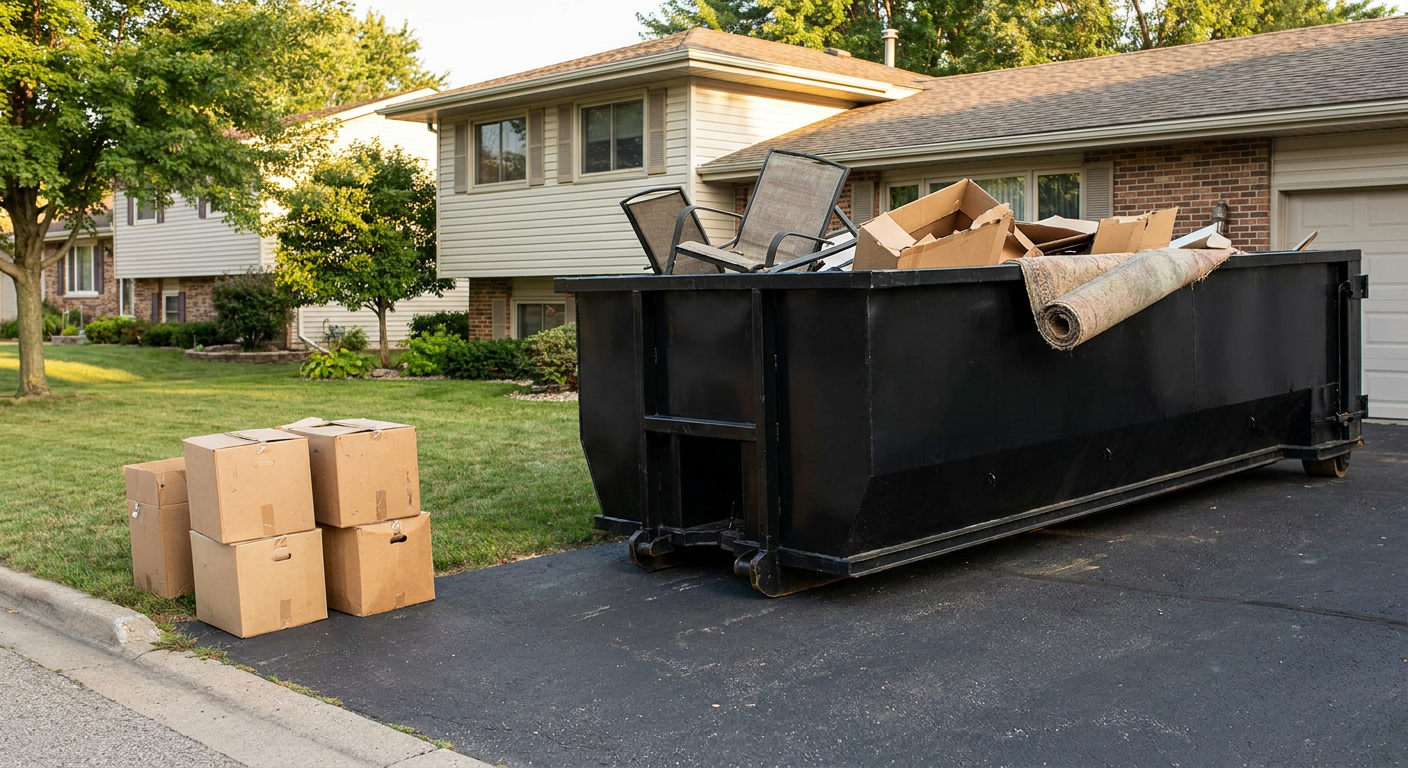 Front-yard view of a Oxnard split-level home with a 20-yard matte-black roll-off dumpster sitting directly on the asphalt driveway, a few clearly labeled donation boxes staged at the curb, calm sunny afternoon.