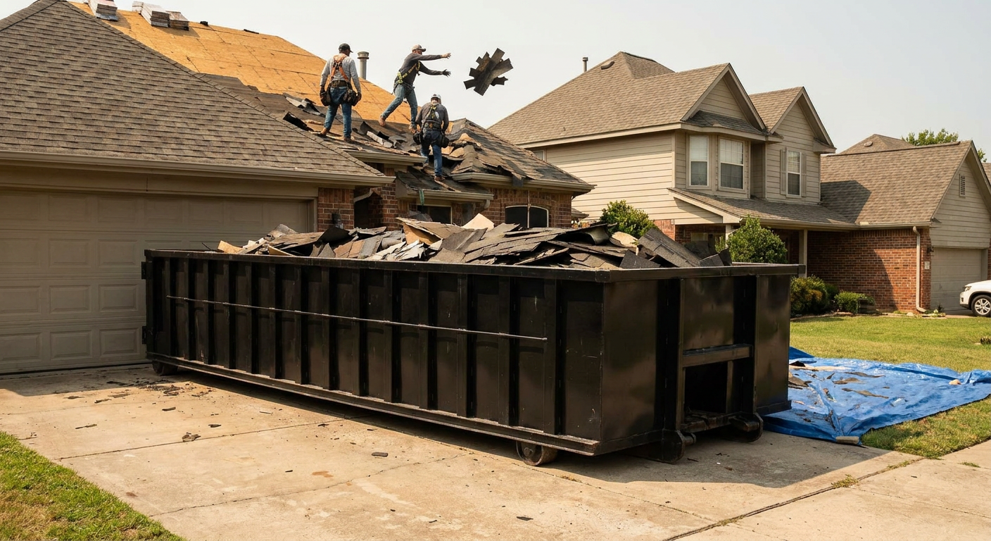 Matte-black roofing roll-off dumpster placed directly on a Oxnard residential concrete driveway, a tear-off crew on a two-story asphalt-shingle roof tossing shingle bundles into the low-walled container, bright daylight, documentary 35mm perspective.