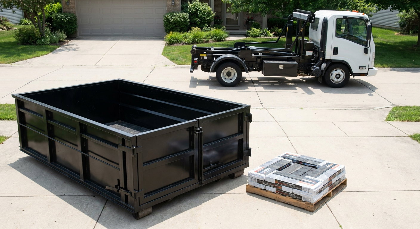 Matte-black 15-yard roofing roll-off dumpster with reinforced low side walls sitting directly on a Oxnard residential concrete driveway, three-tab asphalt shingle bundles stacked nearby, an unmarked white hauler truck partially visible at the edge of the frame.