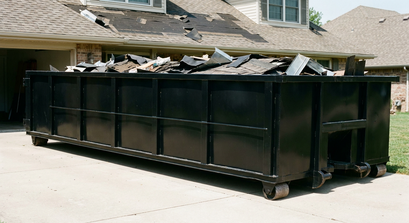 Matte-black 20-yard roofing roll-off dumpster with steel ribbed sides and swinging rear door, sitting directly on the concrete driveway of a two-story Oxnard home, asphalt shingle debris being loaded over the low wall, clean documentary lighting.