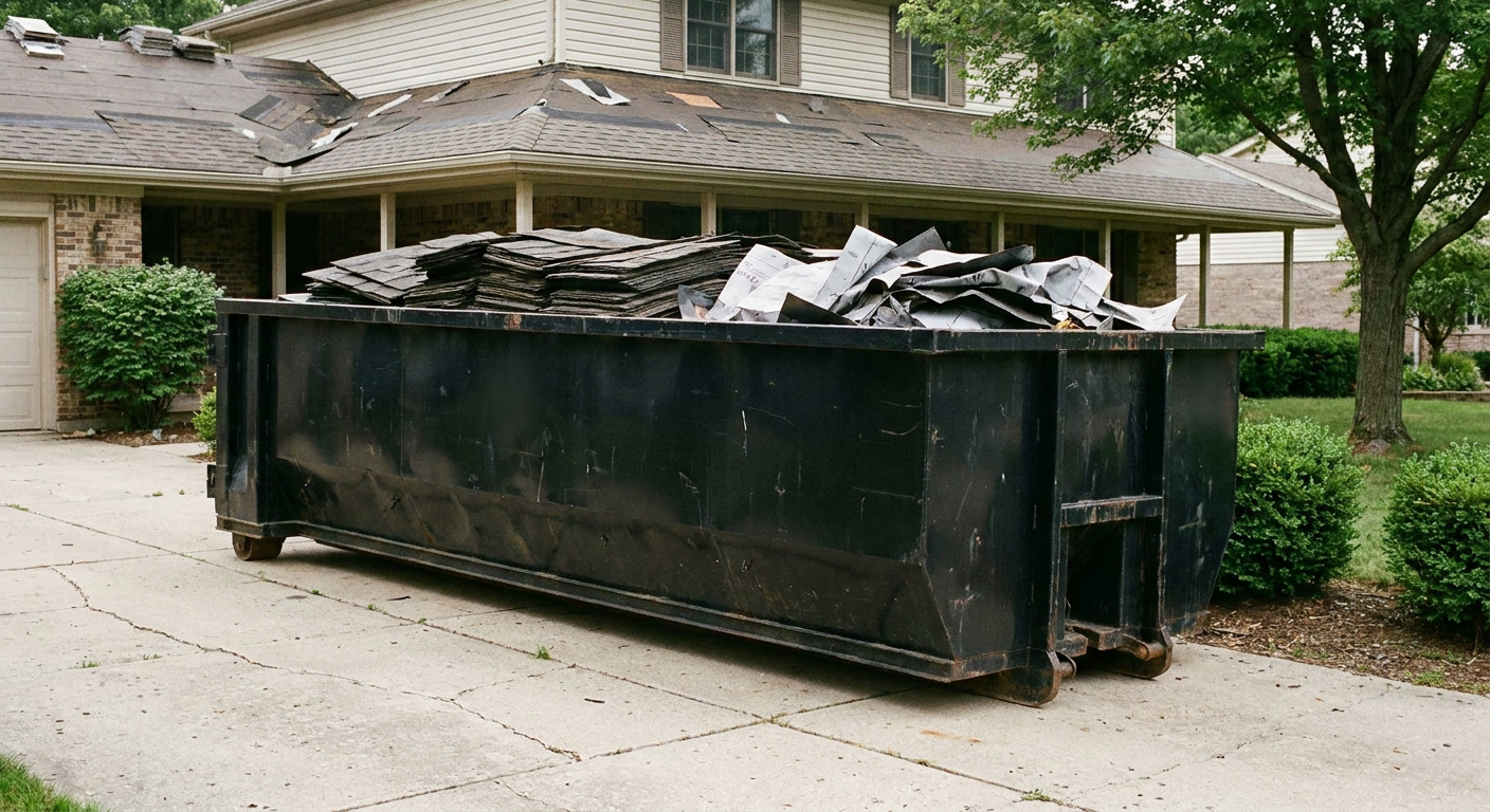 Matte-black 30-yard roofing roll-off dumpster sitting directly on a Oxnard concrete driveway, taller ribbed steel side panels, mixed tear-off debris of asphalt shingles and underlayment inside, professional documentary daylight.