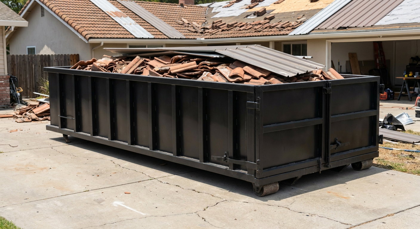 Matte-black low-wall heavy-debris roofing roll-off dumpster sitting directly on a Oxnard concrete driveway, broken concrete clay roof tiles and metal panel sections loaded inside, reinforced ribbed steel side walls visible, bright outdoor daylight.