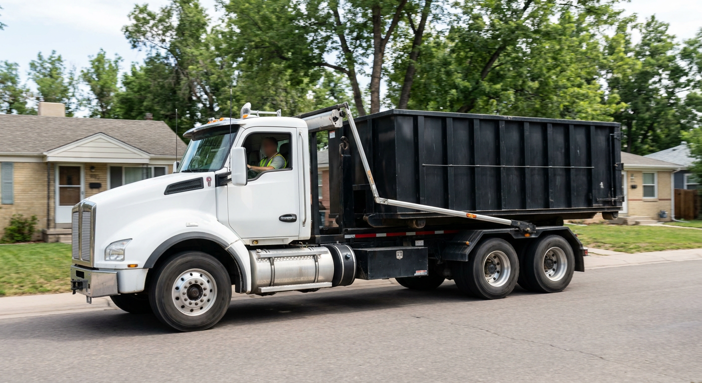 A wide documentary shot of a matte-black roll-off delivery truck pulling onto a quiet Oxnard residential street at mid-morning, with neighborhood rooftops and tree-lined blocks visible behind, showing the metro coverage footprint.