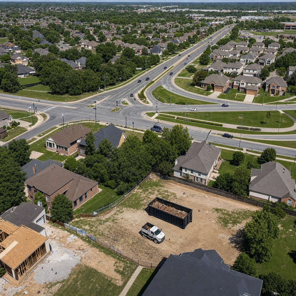 An overhead documentary view of the Oxnard metro area at midday, showing the spread of neighborhoods, arterial roads, and the dispatch radius from a central yard — clean daylight, organized geographic layout.
