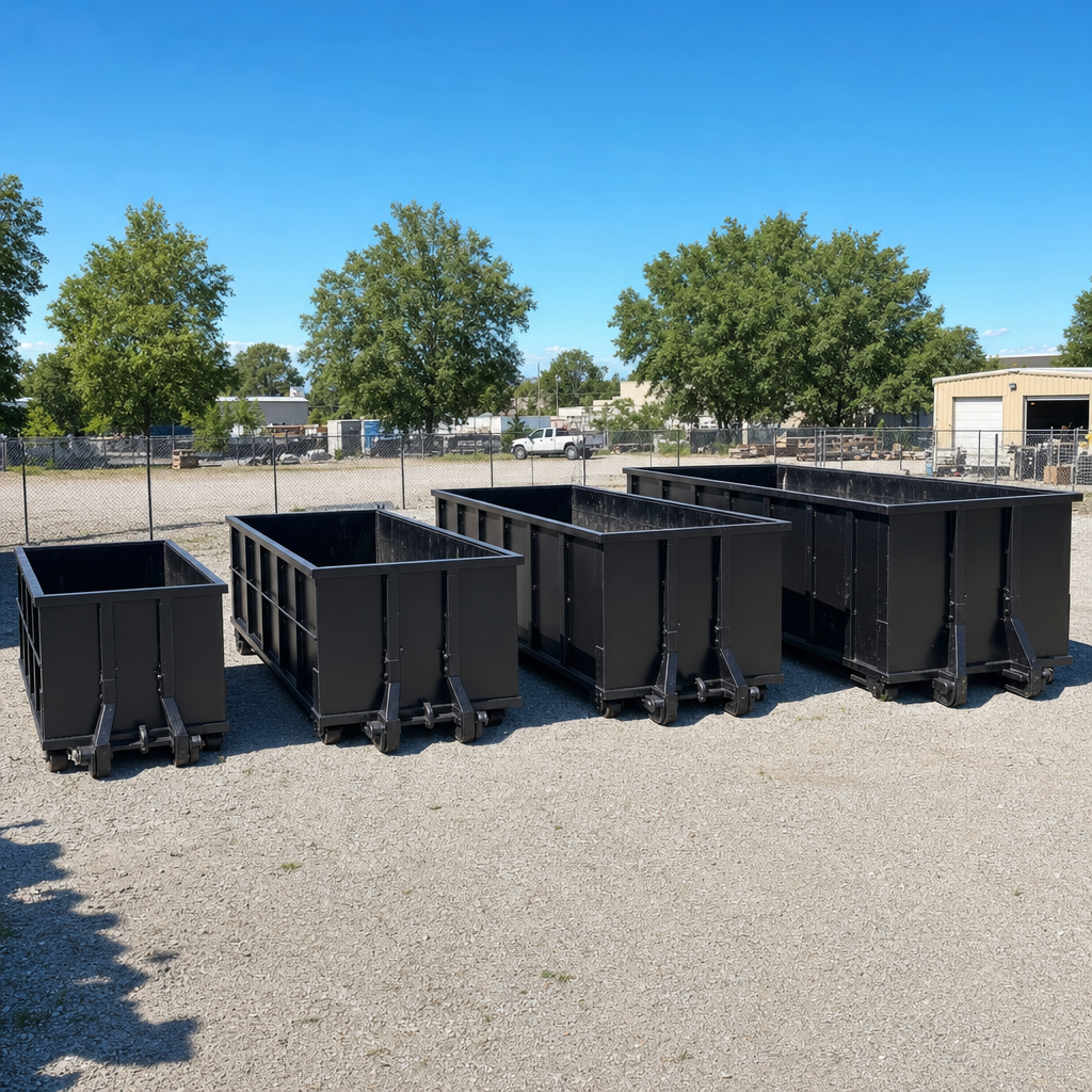 A clean lineup of matte-black roll-off dumpsters in 10, 20, 30, and 40-yard sizes staged on a sunlit gravel yard in Oxnard, showing the size progression from compact to commercial-scale containers.