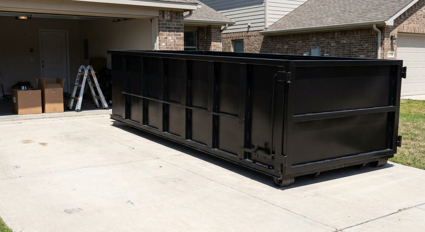 A matte-black 10-yard roll-off dumpster sitting directly on a residential Oxnard concrete driveway, mid-day sunlight, clean and ready for a garage cleanout.