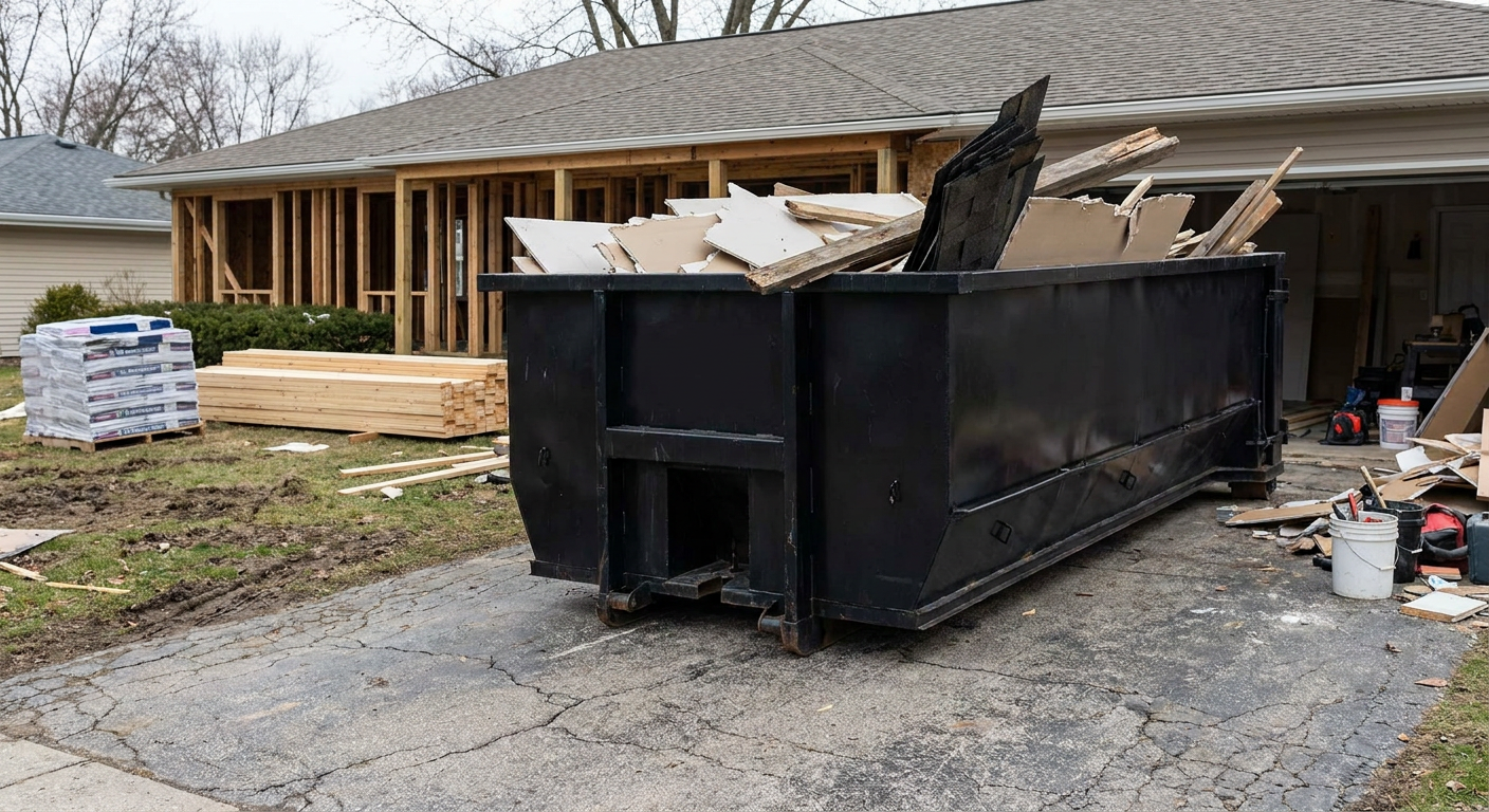 A matte-black 20-yard roll-off dumpster placed alongside a mid-renovation Oxnard home directly on the asphalt driveway, with framing materials and torn-off shingles staged neatly nearby.