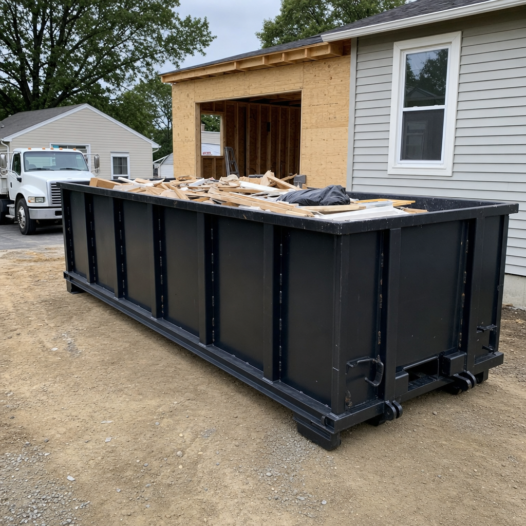A matte-black 30-yard roll-off dumpster positioned at a Oxnard residential addition jobsite, with framing lumber and drywall scraps loaded through the open swinging rear doors.