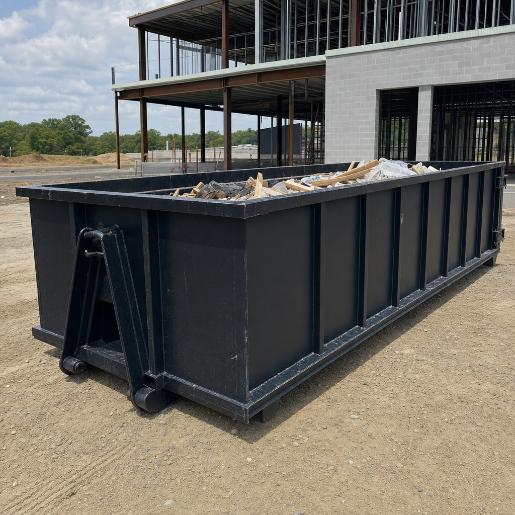 A matte-black 40-yard roll-off dumpster staged on a large Oxnard commercial construction lot, with a hooklift delivery truck parked alongside under bright midday sky.