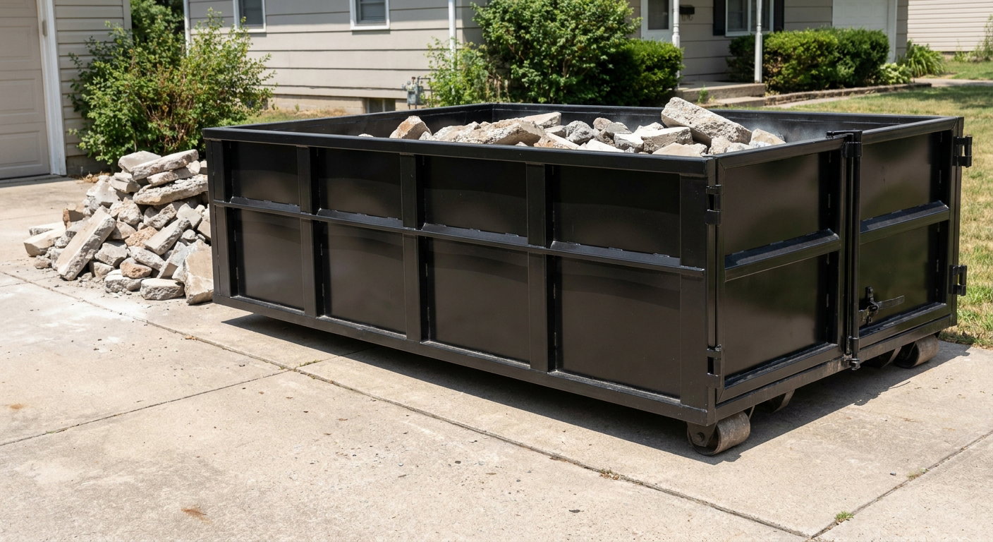 A matte-black low-side heavy-debris roll-off dumpster placed directly on a Oxnard concrete driveway, with broken concrete chunks neatly stacked beside it under clean daylight.